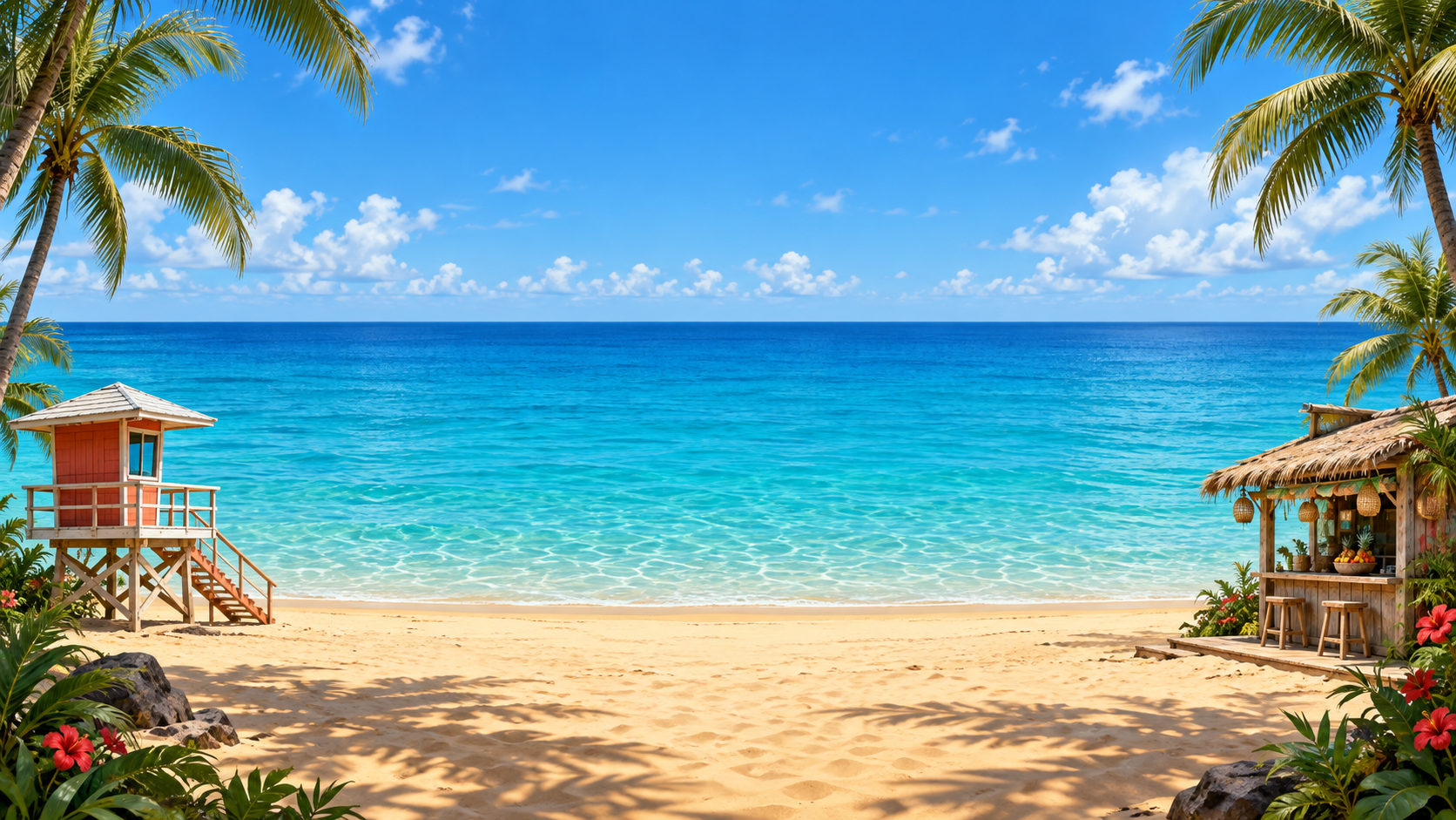 A Hawaiian-style beach viewed from the sand, with palms, a lifeguard tower and snack shack framing real footage of a bodyboarder riding a peeling wave.